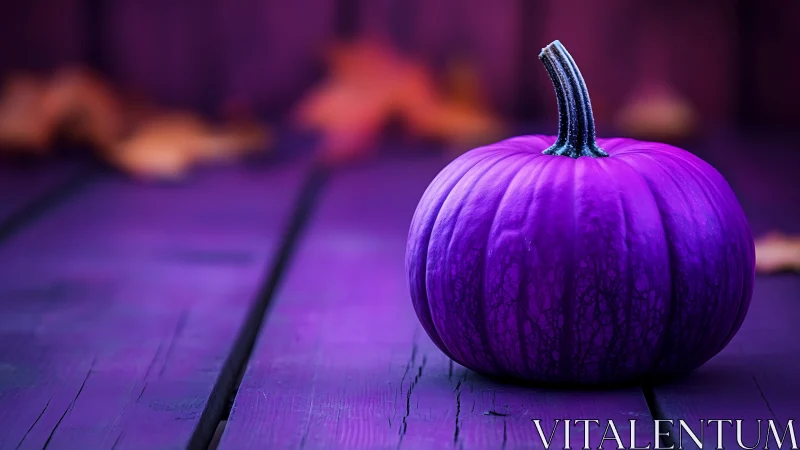 Purple pumpkin rests on painted wooden planks in focus