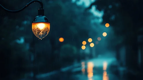 Streetlamp glow on a rainy night in a quiet blue lane.
