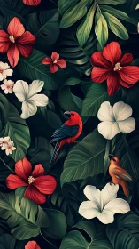 Tropical foliage with hibiscus flowers and perched birds.