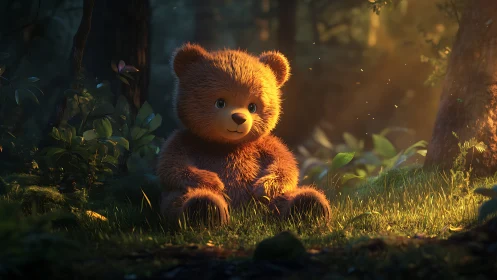 Soft woodland teddy bear enjoys a golden forest afternoon
