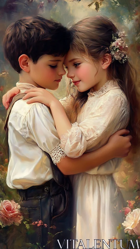 Boy and Girl Embracing in Victorian Garden