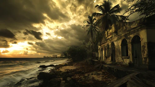 Stormy coastline with decayed seafront building at dusk.