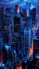 Neon blue skyscrapers glow above a sleepless electric city