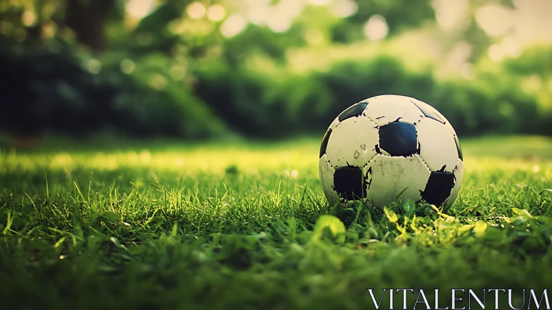 Weathered soccer ball rests on sunlit green grass field