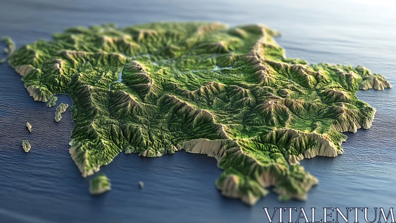 Terrain elevation model of mountainous island archipelago.