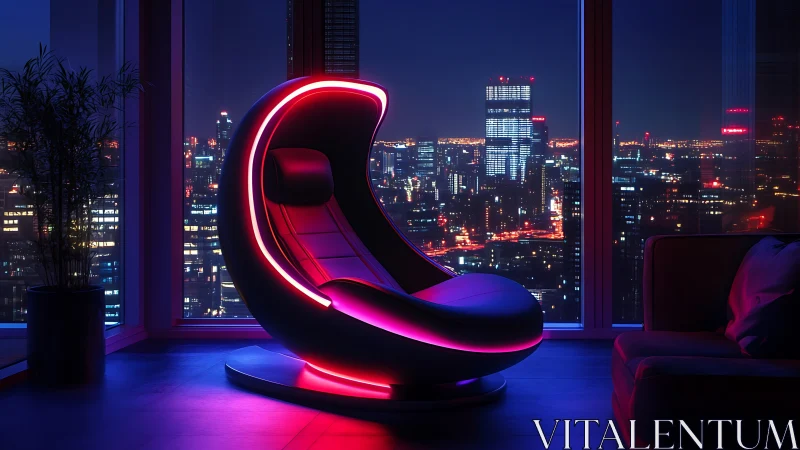 Futuristic neon lounge chair overlooking cyberpunk skyline.