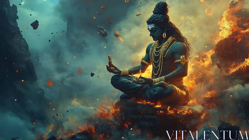 Mythic blue figure meditating amid volcanic fire and smoke.