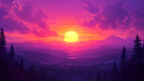 Vibrant digital sunset over layered purple mountainscape.