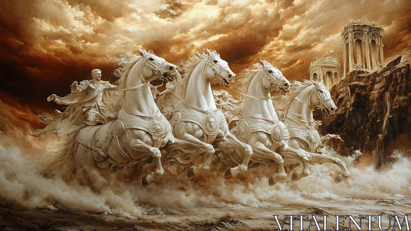 Galloping marble horses thunder across a storm lit sky