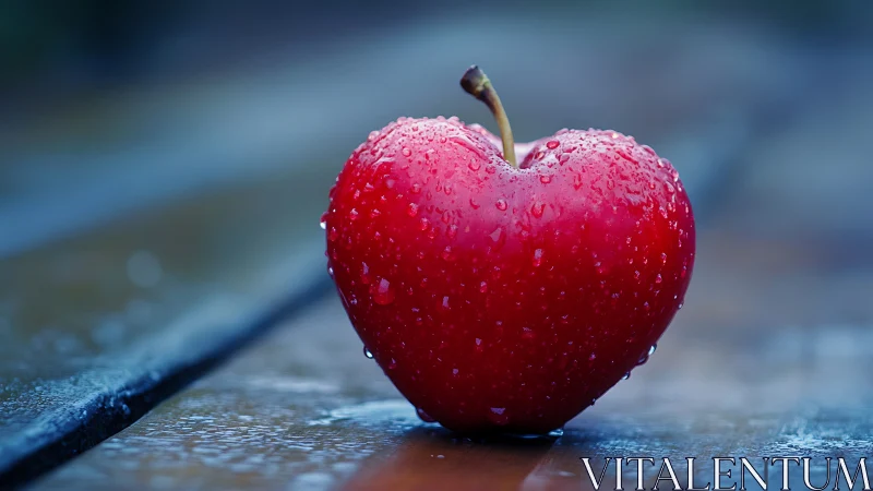 Red heart shaped apple with water droplets on wood bench.