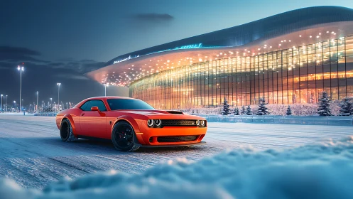 Red sports coupe on winter street before modern glass arena.
