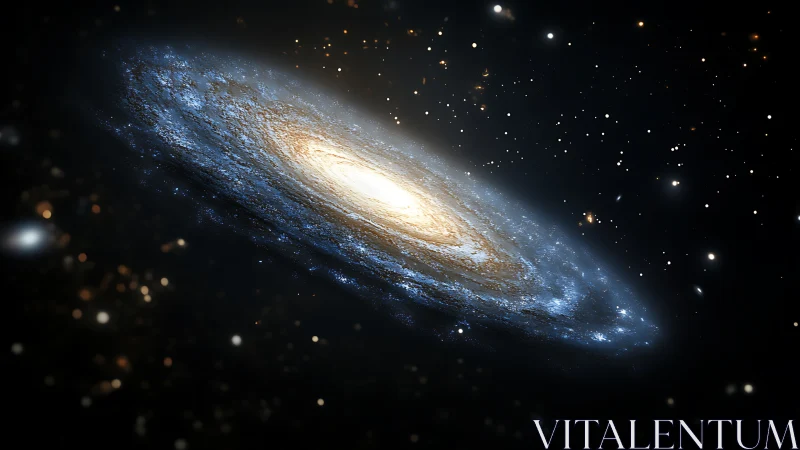 Rendered spiral galaxy disk viewed edge-on in star field