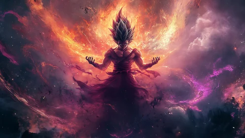 Celestial warrior channels cosmic flames in stormy void.