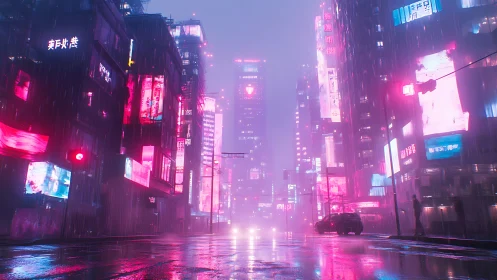 Neon-soaked cyberpunk avenue under drifting midnight rain.
