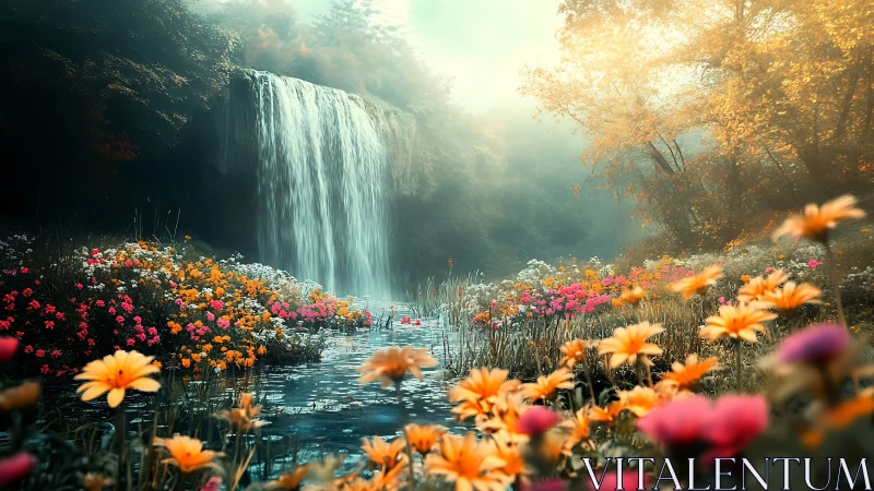 Vibrant flower valley with waterfall under soft morning light.