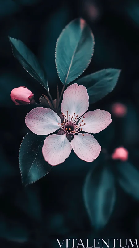 Delicate Pink Blossom Unfolds in Dark Teal Garden Setting