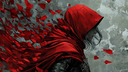 Red-hooded figure strides through fragmented crimson cloak motion