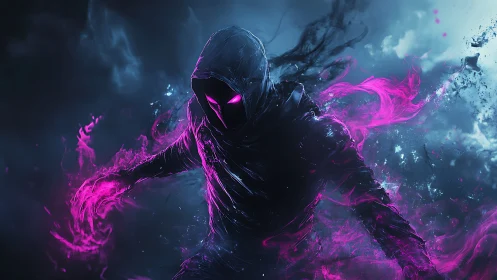 Hooded void mage wielding vivid neon violet flames.