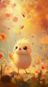 Soft-Feathered Yellow Chick in Autumn Flower Field with Falling Leaves