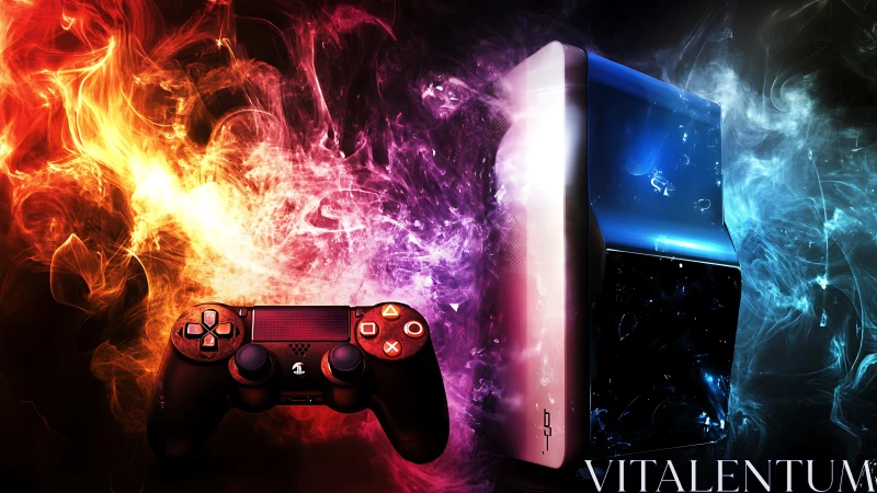 Neon gaming console and controller in blazing color storm.