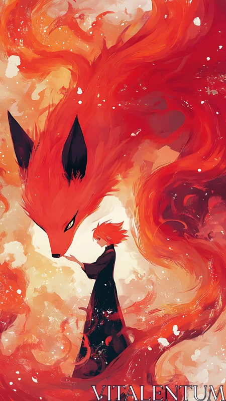 Fire spirit fox coils protectively around cloaked figure