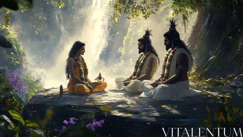 Meditative sages in forest glade before cascading waterfall