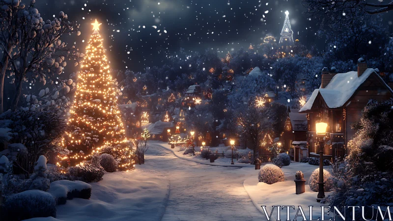 Snow covered village street displays illuminated seasonal tree