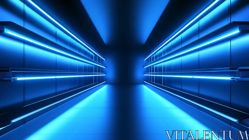 Futuristic blue neon corridor with symmetric linear lighting design.