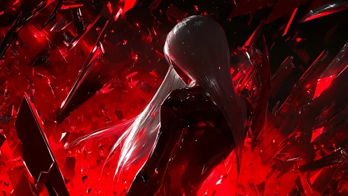 Backlit chrome figure cuts silhouette through red crystalline shards