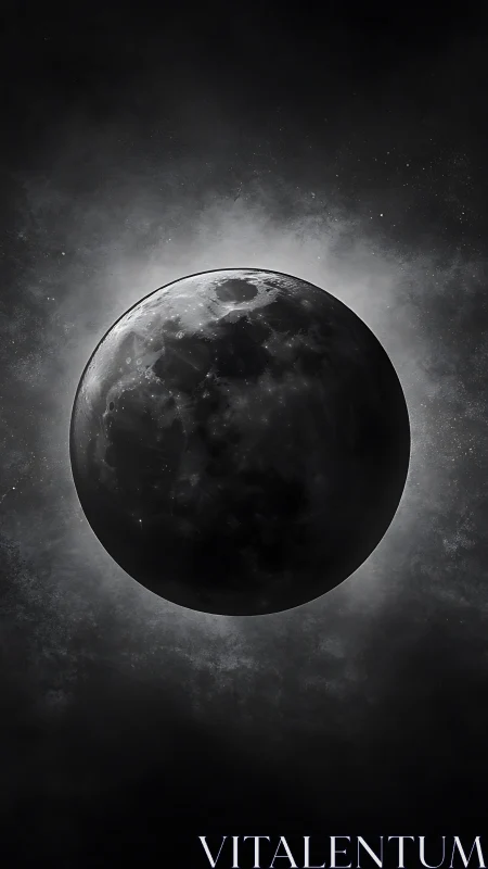 Lunar sphere drifts through shadowed cosmic mist.