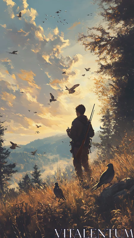 Solitary hunter observes distant valley under scattered birds