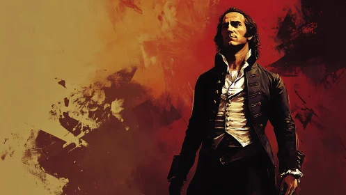 Defiant revolutionary stands before burning abstract sky.