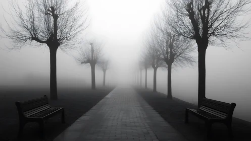 Foggy park walkway with bare trees and benches at dawn.