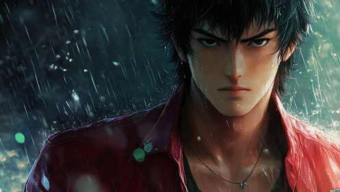 Brooding anime hero stands in stormlit rain-soaked night