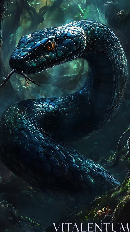 Emerald jungle serpent coiled in bioluminescent teal light.