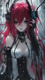 Cybernetic anime siren framed by cables in cold neon haze