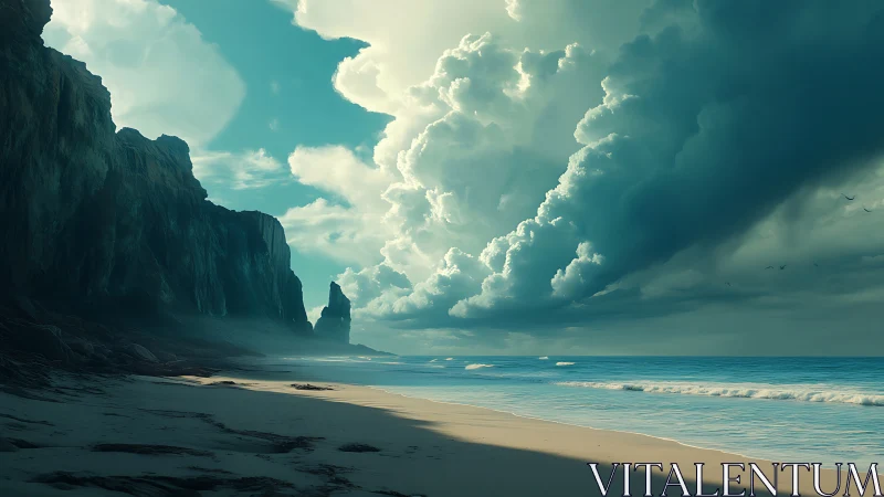 Coastal landscape with rock formations and stratocumulus cloud formations.