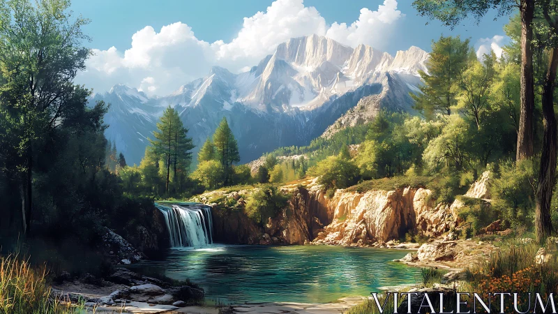 Digital painting landscape with alpine waterfall focal point.