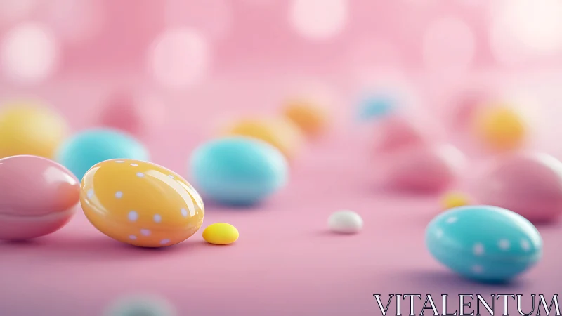 Pastel candy eggs rest on soft pink blurred surface