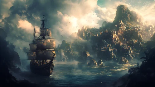 Sailing vessel navigates coastal archipelago with distant castle fortification structure