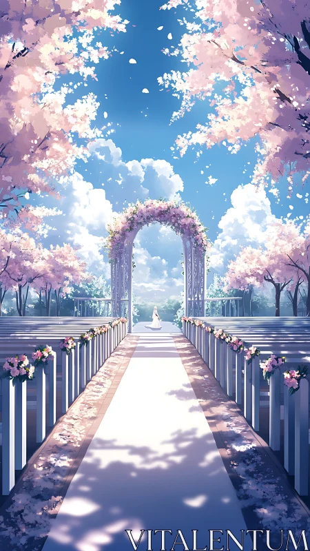 Cherry blossom wedding aisle under luminous spring sky.