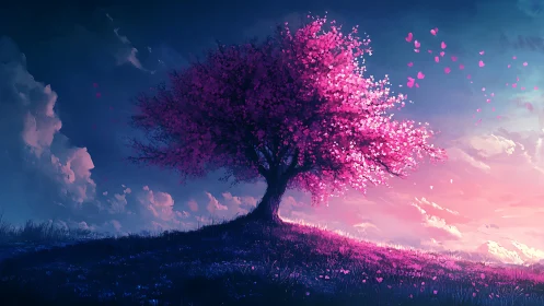 Blossoming pink tree glowing softly under a twilight sky.