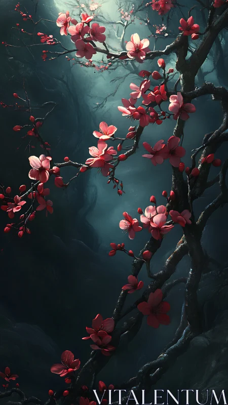 Cherry blossoms twist through a dark, misty forest gorge