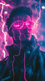 Man in neon glasses with electric pink light effects.