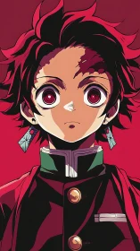 Anime hero portrait with intense red lighting focus.