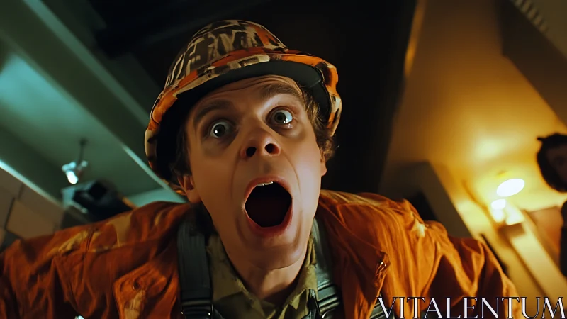 Construction worker close-up with dramatic fisheye perspective.