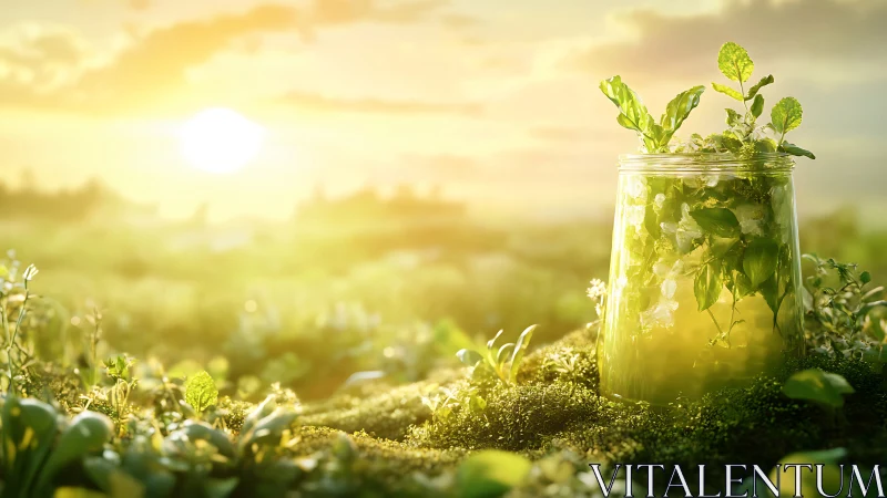 Sunlit herbal infusion jar in dewy macro meadow glow.