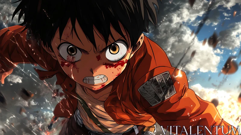 Young anime warrior charges forward through a burning sky