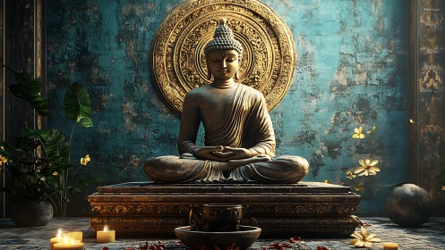 Buddha statue in serene candlelit shrine with teal wall.