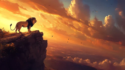 Lion stands on rocky cliff against low-angle sunset sky